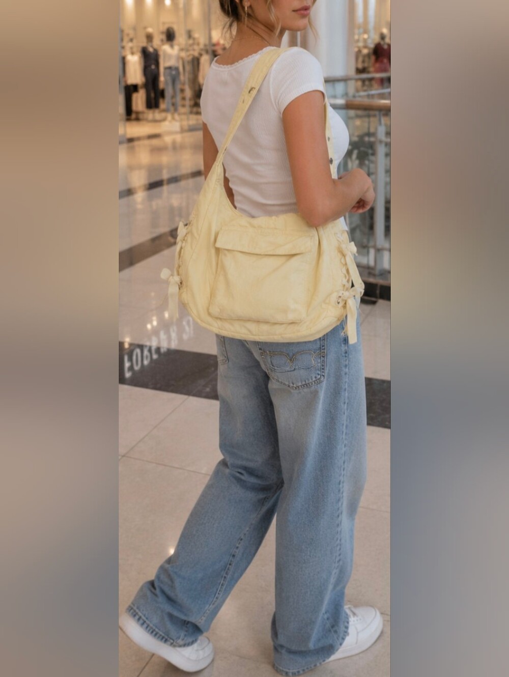American Eagle Pale Yellow Nylon Shoulder Bag Bow Pocket Y2K Mallcore Soft Norm